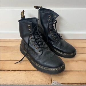 Dr. Martens Black Leather 8-Eye Lace-Up Boots with Yellow Stitching